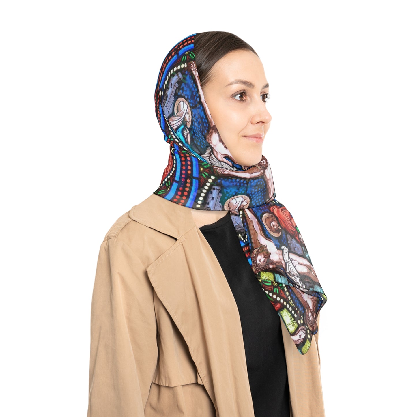 Stained Glass Crucifixion Poly Scarf – Religious Art Silk-Like Wrap