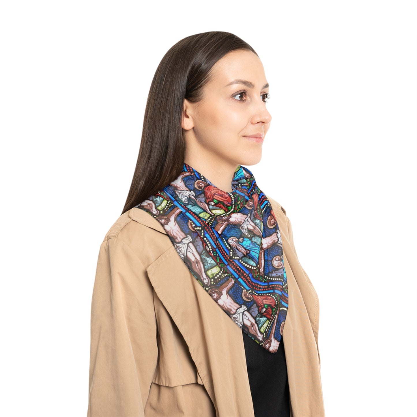 Stained Glass Crucifixion Poly Scarf – Religious Art Silk-Like Wrap