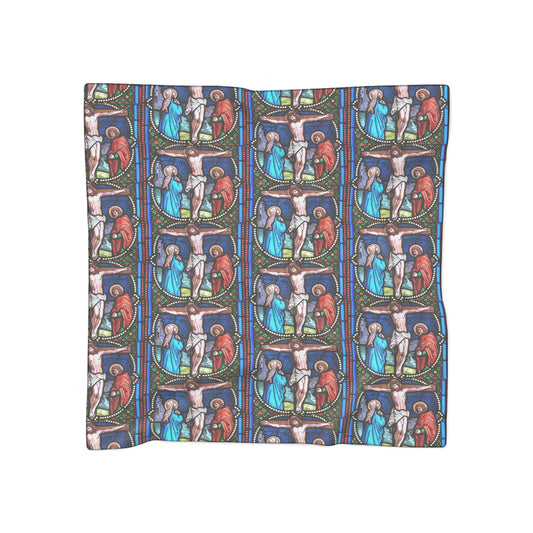 Stained Glass Crucifixion Poly Scarf – Religious Art Silk-Like Wrap