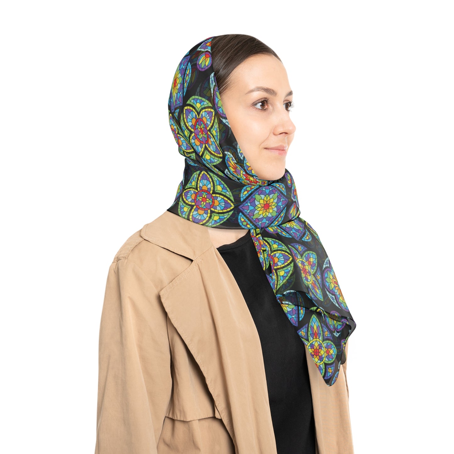 Poly Scarf — Colorful Mosaic Patterned Scarf, Boho Floral Geo Print