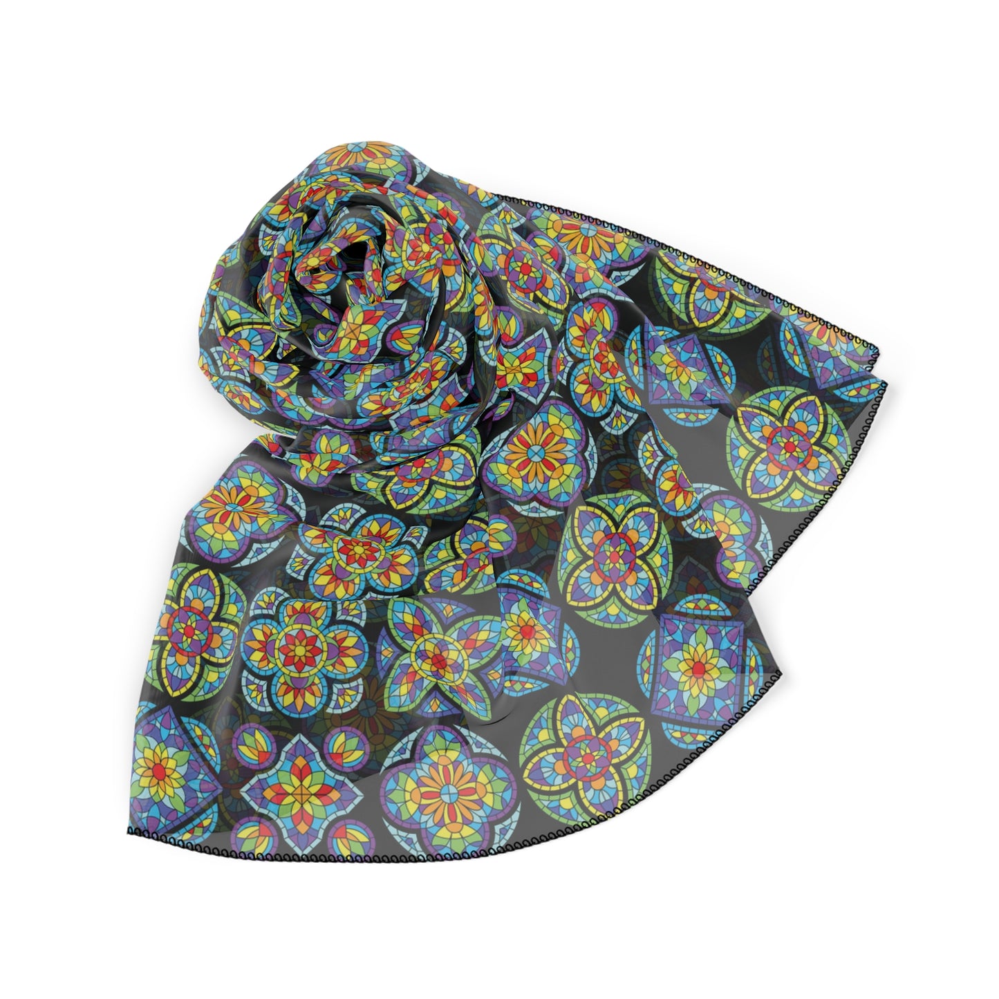 Poly Scarf — Colorful Mosaic Patterned Scarf, Boho Floral Geo Print