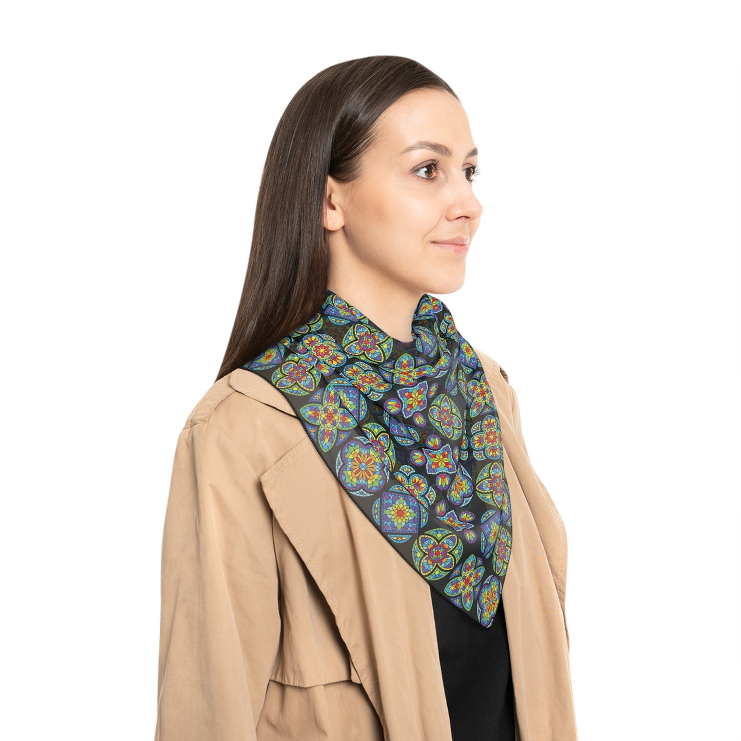 Poly Scarf — Colorful Mosaic Patterned Scarf, Boho Floral Geo Print