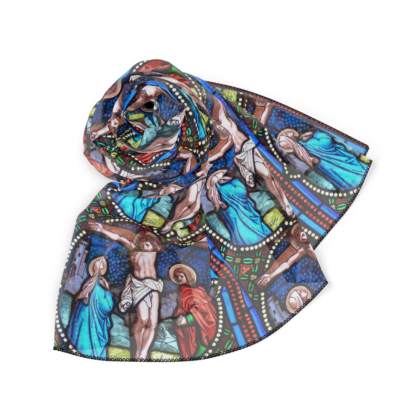 Stained Glass Crucifixion Poly Scarf – Religious Art Silk-Like Wrap