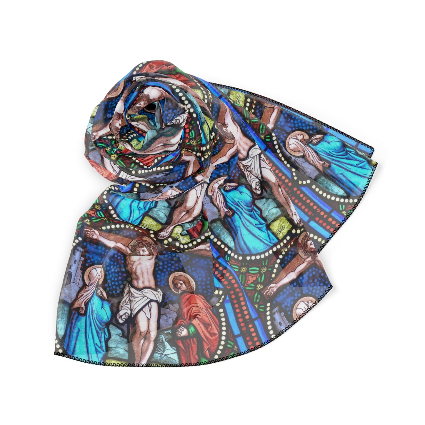 Stained Glass Crucifixion Poly Scarf – Religious Art Silk-Like Wrap